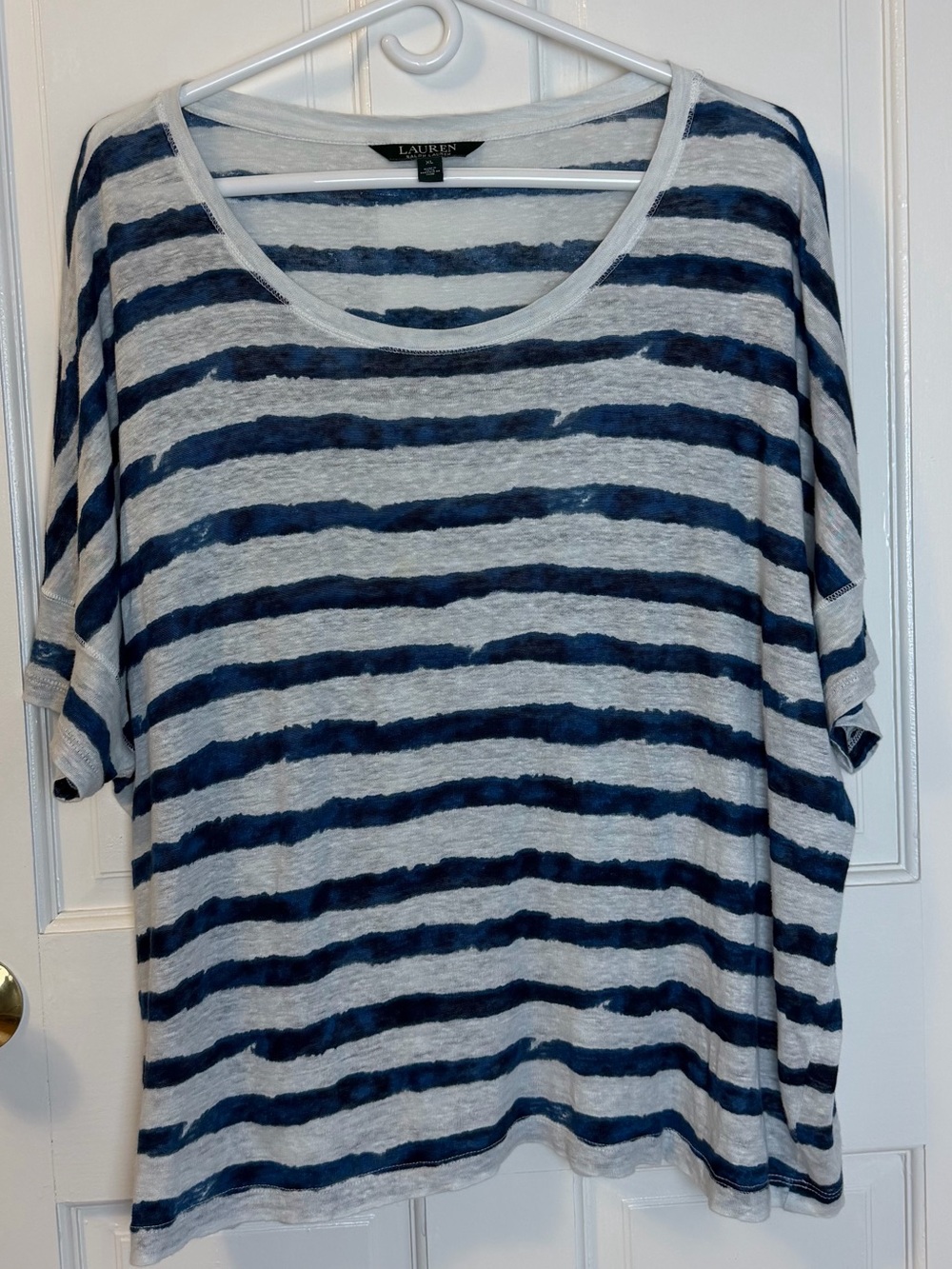 Lauren Ralph Lauren Women’s Linen Navy Blue & White Striped Nautical Tee, XL